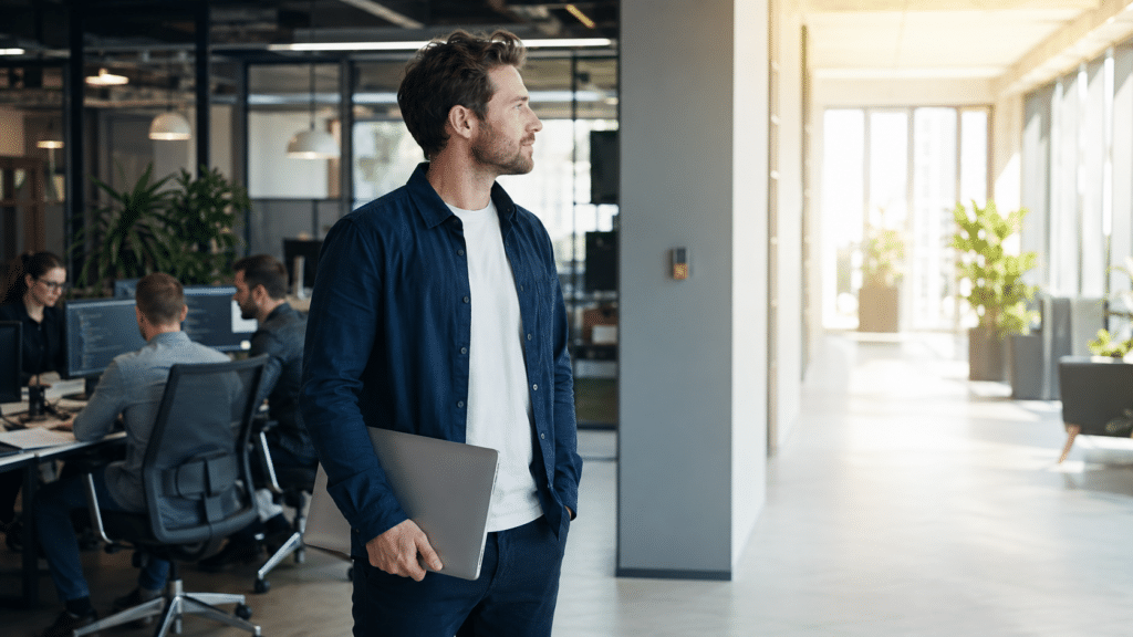 IT-professionals van baan veranderen: medewerker met laptop denkt na over een nieuwe carrièrestap