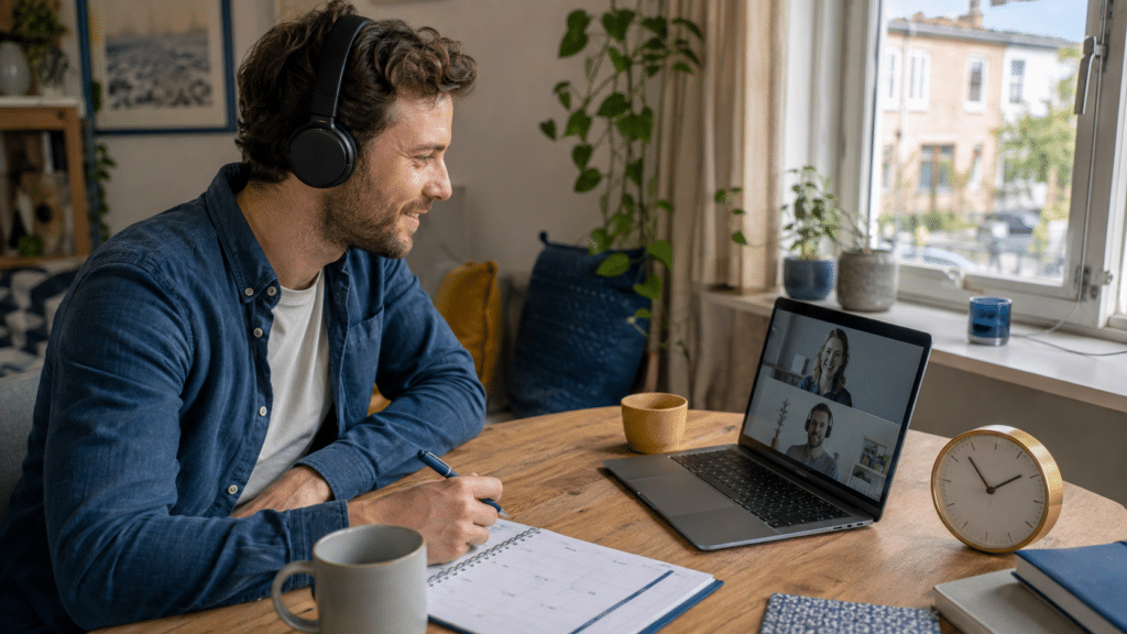 IT-professional werkt vanuit huis samen met collega’s